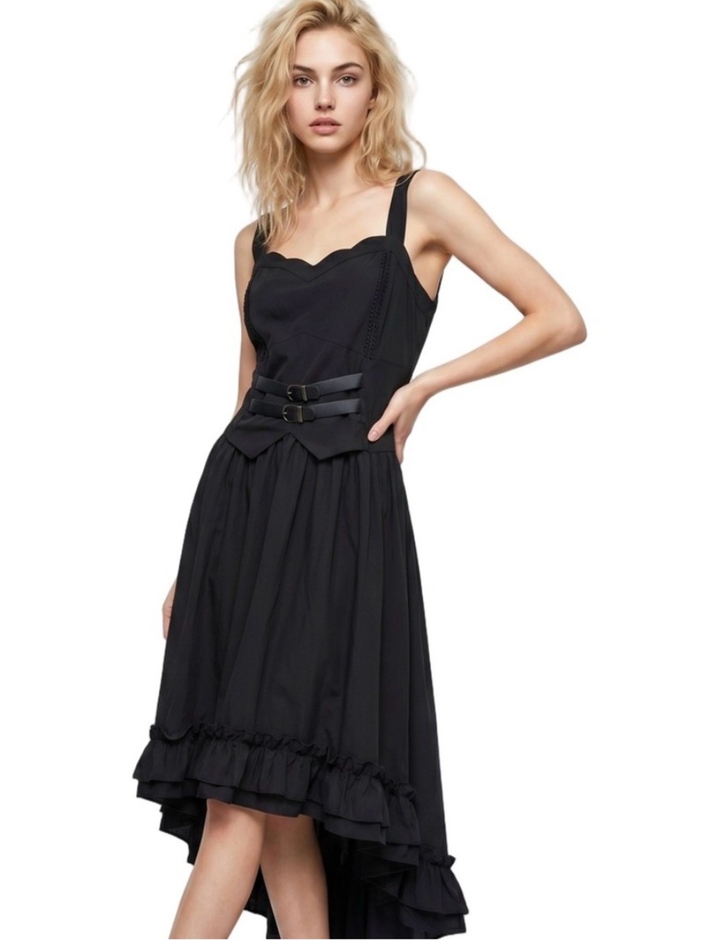 SCARLET DARKNESS Sleeveless wide V neck Black HiLow Midi Goth Buckles Ruffle hem